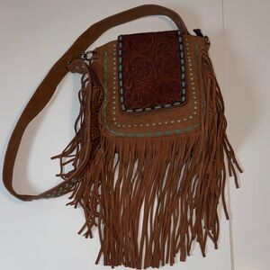 Fringed Brown and Turquoise Crossbody Bag